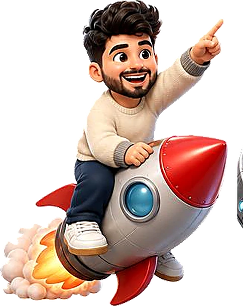 Personaje de Campañín sobre un cohete apuntando hacia arriba